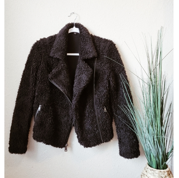 Express Jackets & Blazers - EXPRESS Black Sherpa Teddy Zip Up Moto Jacket XS